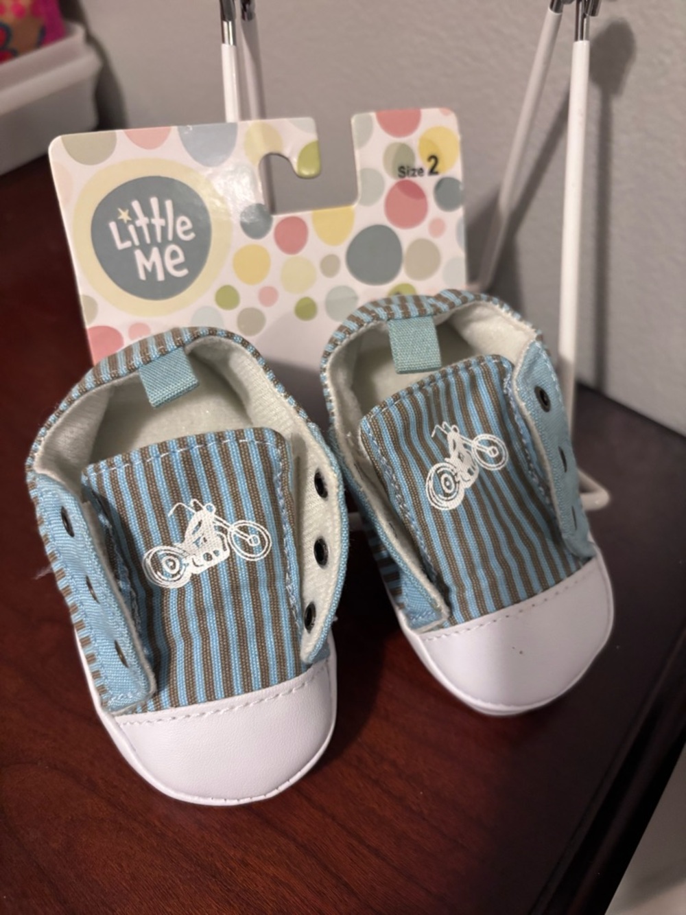 NWT Little Me Baby Boys Blue Stripe Motorcycle Soft-Soled shoes.